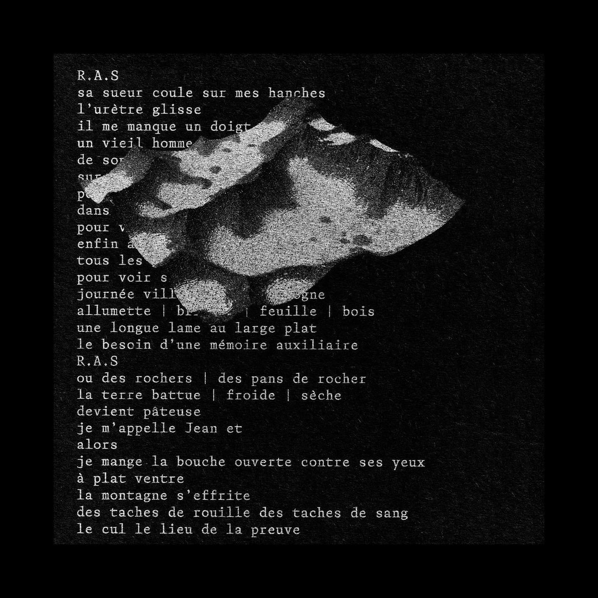 Page noire du fanzine Entrelacs : le poème « R.A.S » en caractères blancs, à côté d’une roche photographiée en négatif.