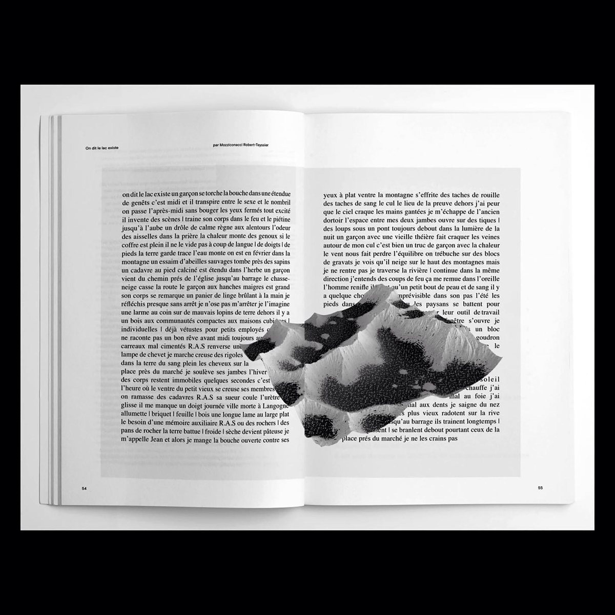 Double page de Sève : le poème « on dit le lac existe » composé en deux colonnes, une masse noire imprimée en travers de la page de droite.
