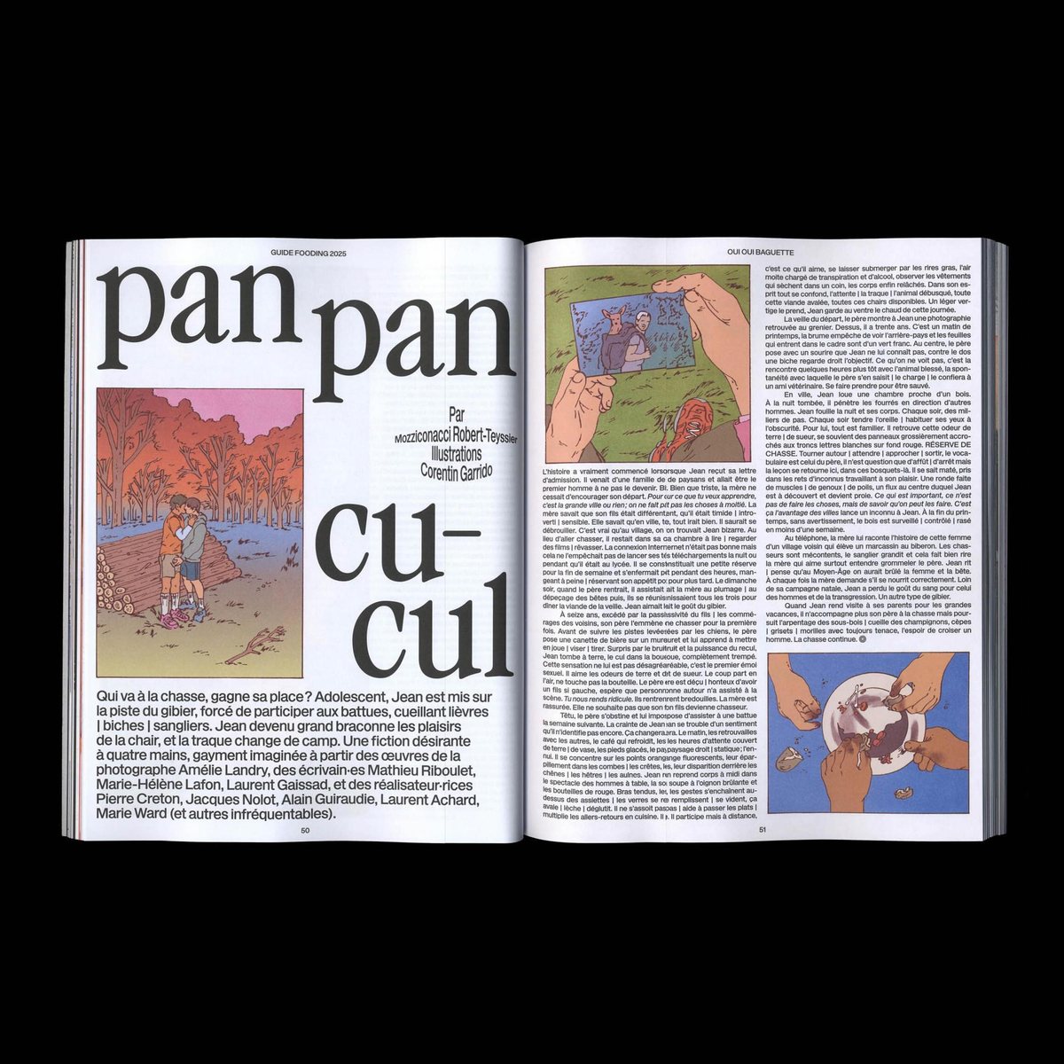 Double page du Guide Fooding France : le titre « pan pan cu-cul » en grands caractères, les illustrations de Corentin Garrido et le texte sur deux colonnes.