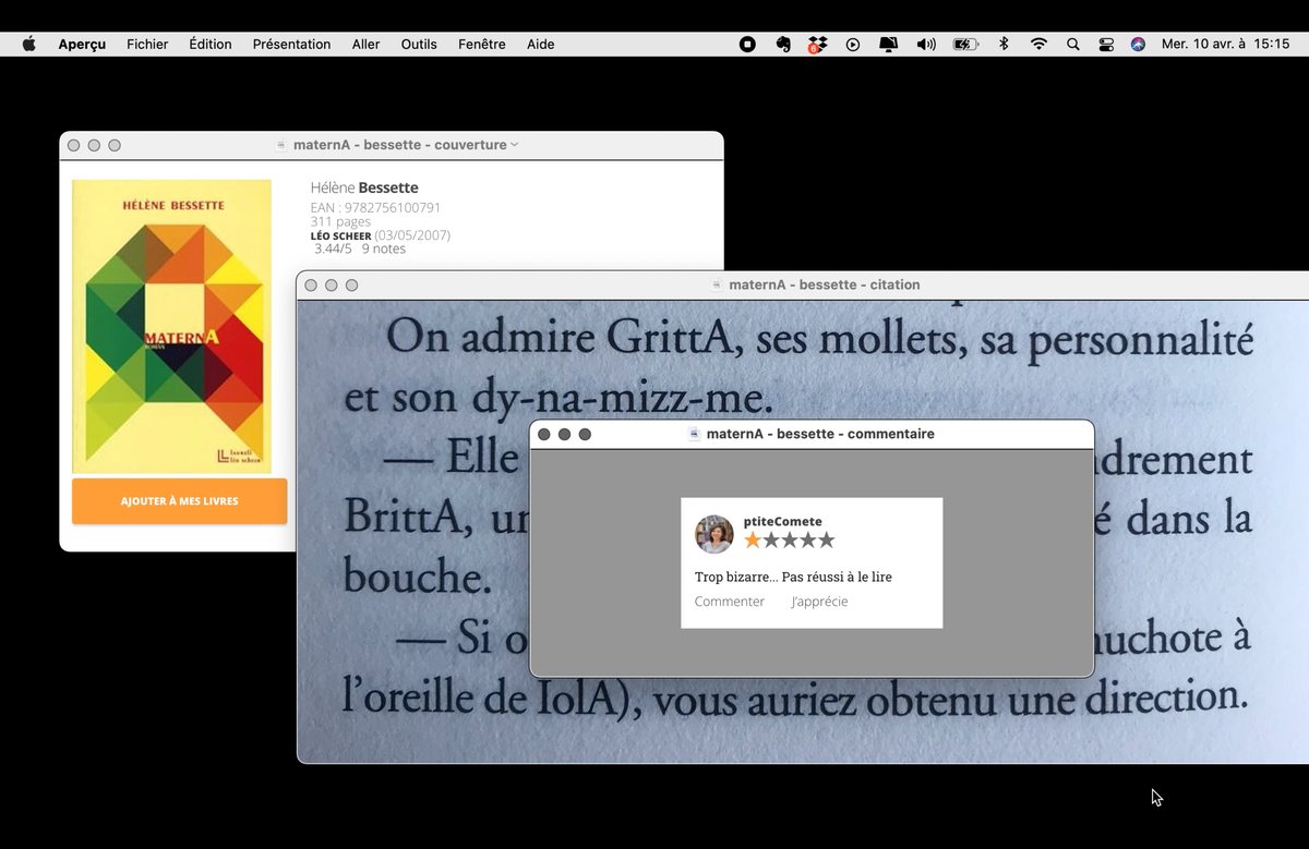 Table de travail : la couverture et des citations du roman MaternA d’Hélène Bessette ouvertes côte à côte à l’écran.