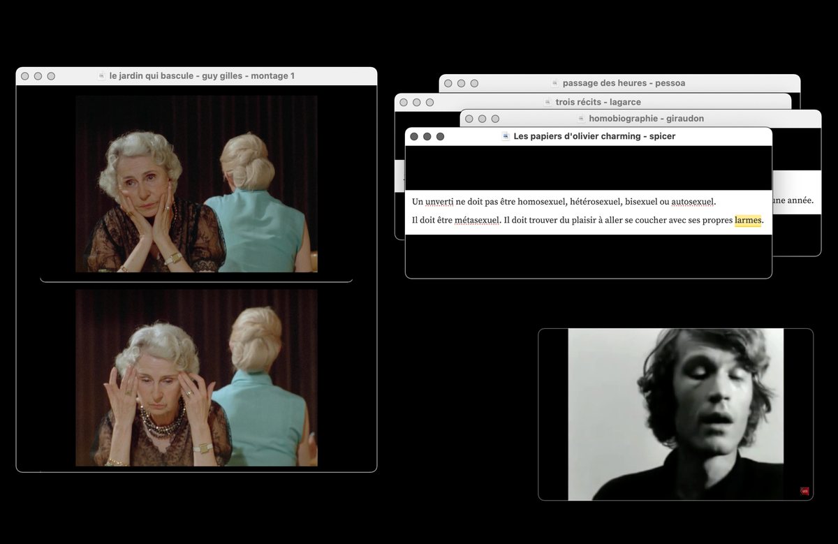 Table de travail : des plans de film, un portrait en noir et blanc et des citations de Lagarce et Giraudon.