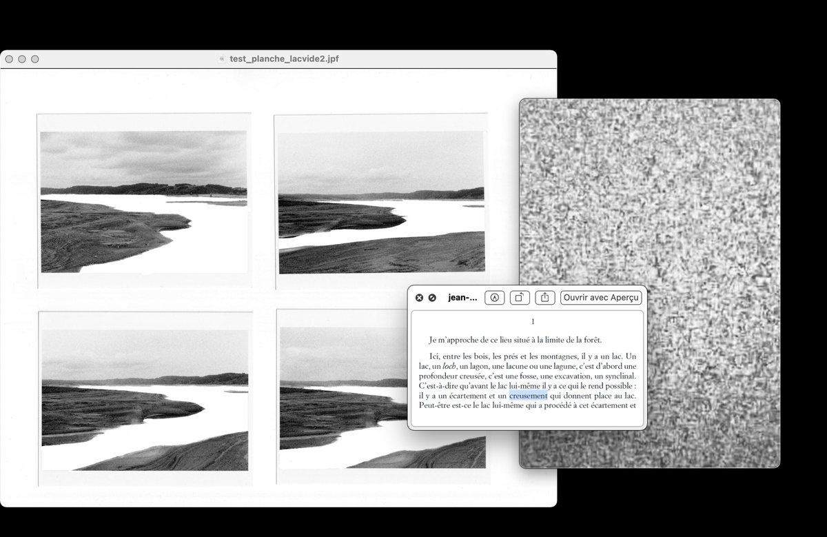 Table de travail : quatre photographies de rivage en noir et blanc et un texte en cours de composition.