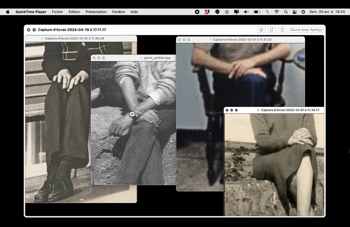 Table de travail : des captures de corps assis sur un banc, montées côte à côte dans QuickTime.