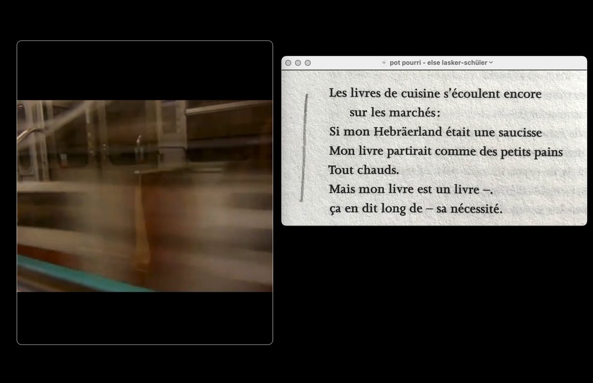 Table de travail : un plan filmé en travelling le long d’une rue nocturne et, à côté, une page annotée du poème « Pot pourri » d’Else Lasker-Schüler.
